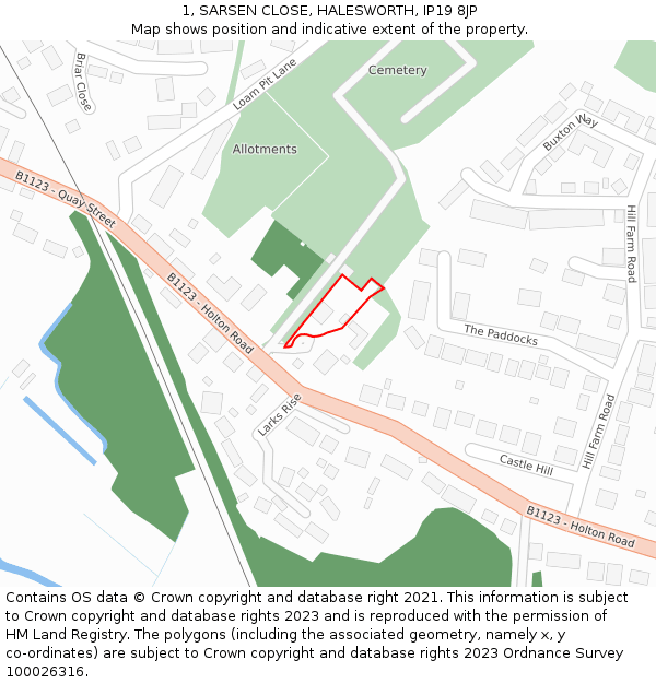 1, SARSEN CLOSE, HALESWORTH, IP19 8JP: Location map and indicative extent of plot