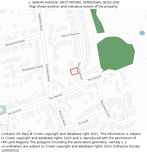 1, SARUM AVENUE, WEST MOORS, FERNDOWN, BH22 0ND: Location map and indicative extent of plot