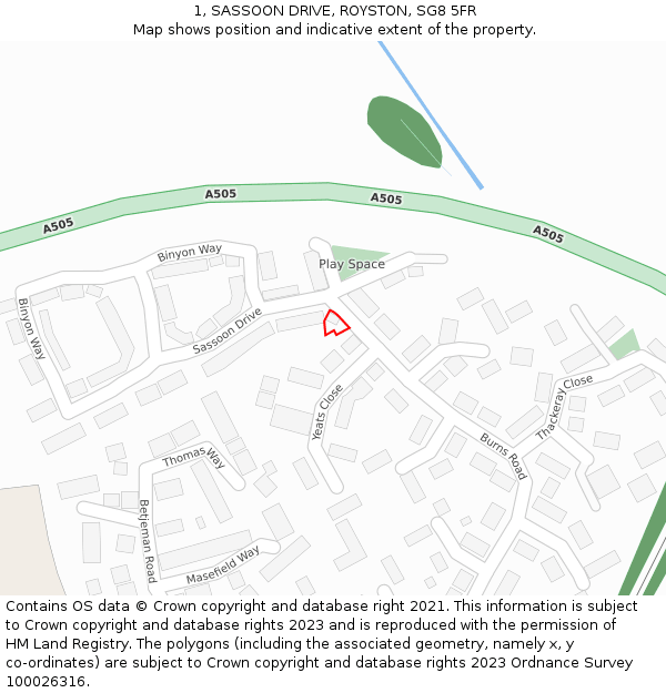 1, SASSOON DRIVE, ROYSTON, SG8 5FR: Location map and indicative extent of plot