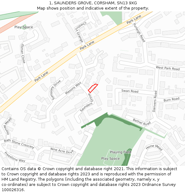1, SAUNDERS GROVE, CORSHAM, SN13 9XG: Location map and indicative extent of plot