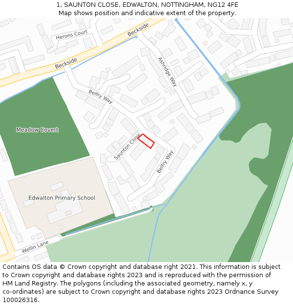 1, SAUNTON CLOSE, EDWALTON, NOTTINGHAM, NG12 4FE: Location map and indicative extent of plot