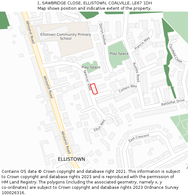 1, SAWBRIDGE CLOSE, ELLISTOWN, COALVILLE, LE67 1DH: Location map and indicative extent of plot