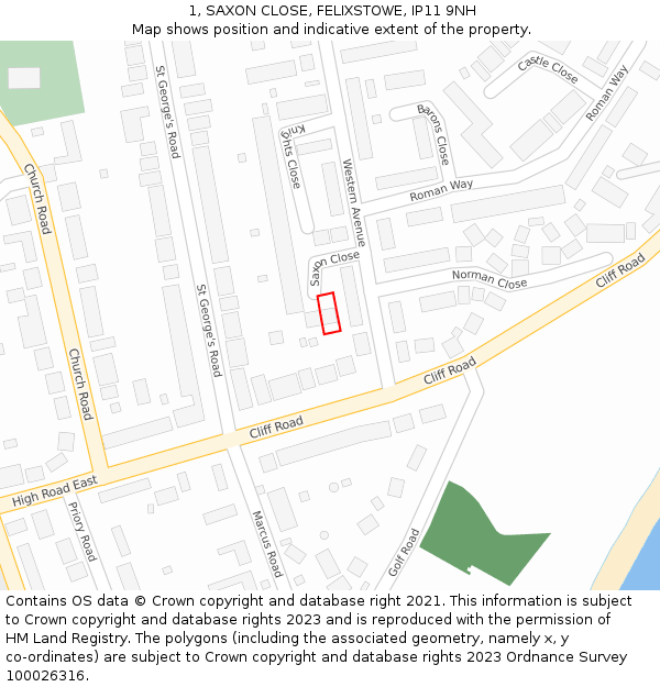 1, SAXON CLOSE, FELIXSTOWE, IP11 9NH: Location map and indicative extent of plot