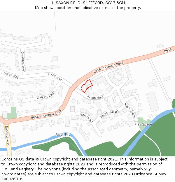 1, SAXON FIELD, SHEFFORD, SG17 5GN: Location map and indicative extent of plot