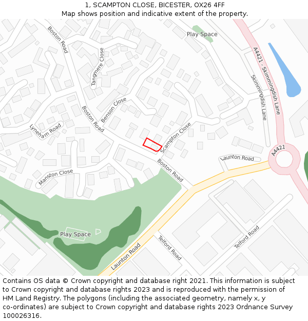 1, SCAMPTON CLOSE, BICESTER, OX26 4FF: Location map and indicative extent of plot