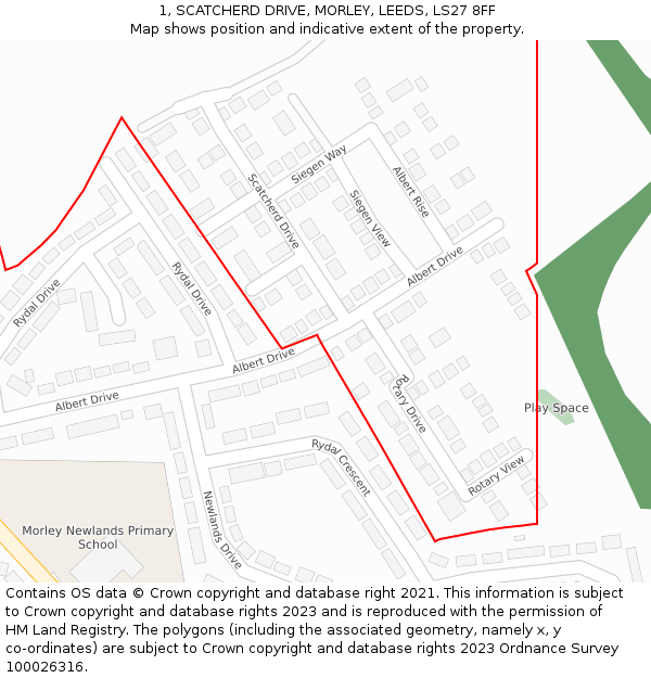 1, SCATCHERD DRIVE, MORLEY, LEEDS, LS27 8FF: Location map and indicative extent of plot