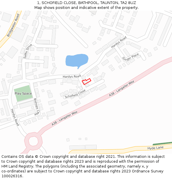 1, SCHOFIELD CLOSE, BATHPOOL, TAUNTON, TA2 8UZ: Location map and indicative extent of plot
