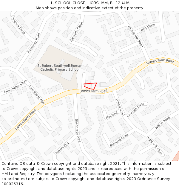 1, SCHOOL CLOSE, HORSHAM, RH12 4UA: Location map and indicative extent of plot