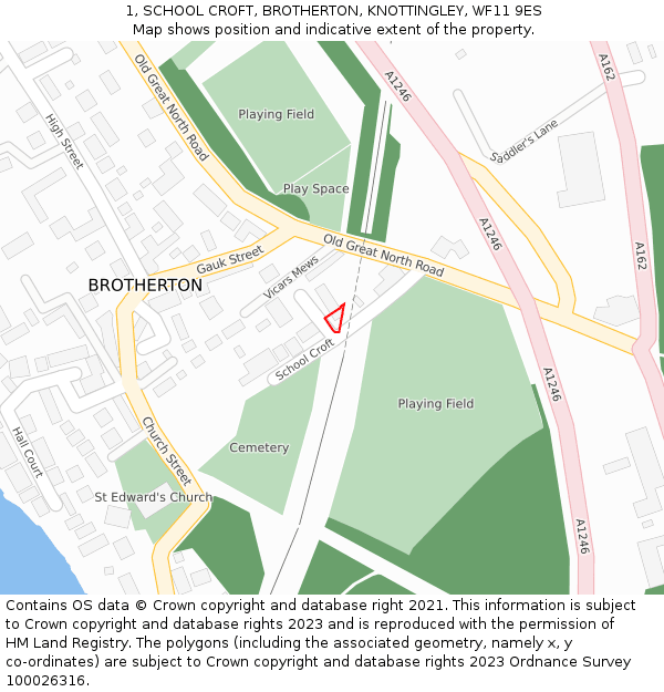 1, SCHOOL CROFT, BROTHERTON, KNOTTINGLEY, WF11 9ES: Location map and indicative extent of plot