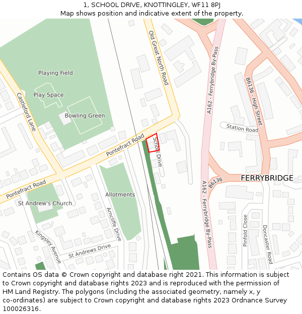 1, SCHOOL DRIVE, KNOTTINGLEY, WF11 8PJ: Location map and indicative extent of plot