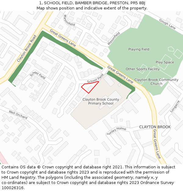 1, SCHOOL FIELD, BAMBER BRIDGE, PRESTON, PR5 8BJ: Location map and indicative extent of plot