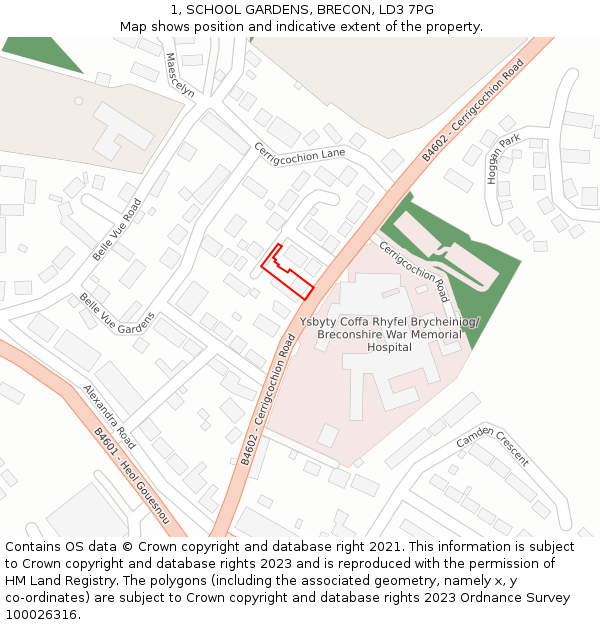 1, SCHOOL GARDENS, BRECON, LD3 7PG: Location map and indicative extent of plot