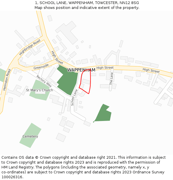 1, SCHOOL LANE, WAPPENHAM, TOWCESTER, NN12 8SG: Location map and indicative extent of plot