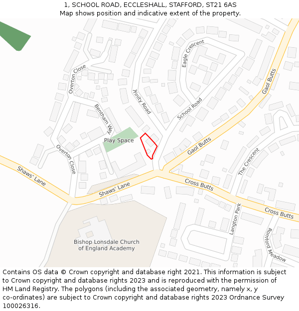 1, SCHOOL ROAD, ECCLESHALL, STAFFORD, ST21 6AS: Location map and indicative extent of plot