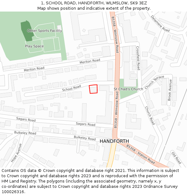 1, SCHOOL ROAD, HANDFORTH, WILMSLOW, SK9 3EZ: Location map and indicative extent of plot