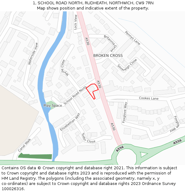 1, SCHOOL ROAD NORTH, RUDHEATH, NORTHWICH, CW9 7RN: Location map and indicative extent of plot