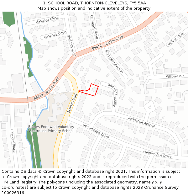 1, SCHOOL ROAD, THORNTON-CLEVELEYS, FY5 5AA: Location map and indicative extent of plot
