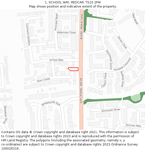 1, SCHOOL WAY, REDCAR, TS10 2PW: Location map and indicative extent of plot