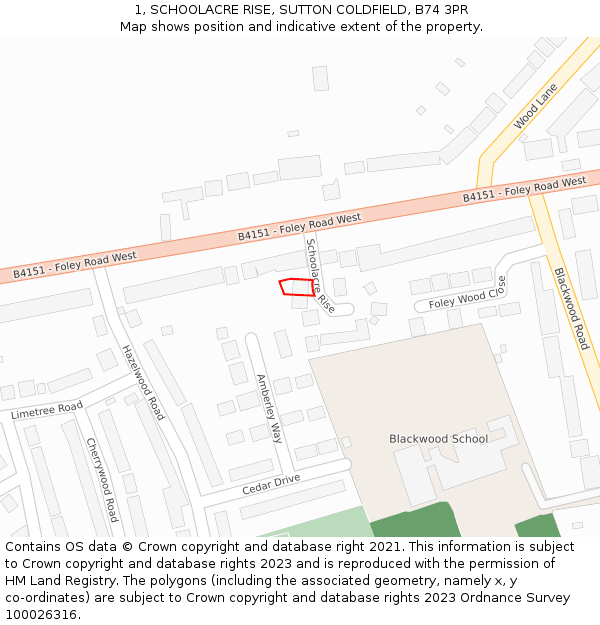1, SCHOOLACRE RISE, SUTTON COLDFIELD, B74 3PR: Location map and indicative extent of plot