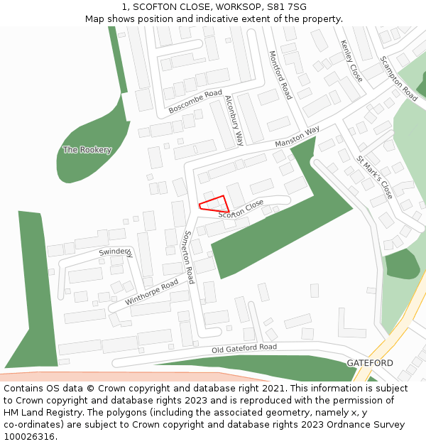 1, SCOFTON CLOSE, WORKSOP, S81 7SG: Location map and indicative extent of plot
