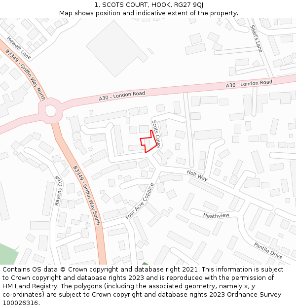 1, SCOTS COURT, HOOK, RG27 9QJ: Location map and indicative extent of plot