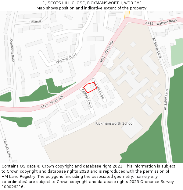 1, SCOTS HILL CLOSE, RICKMANSWORTH, WD3 3AF: Location map and indicative extent of plot