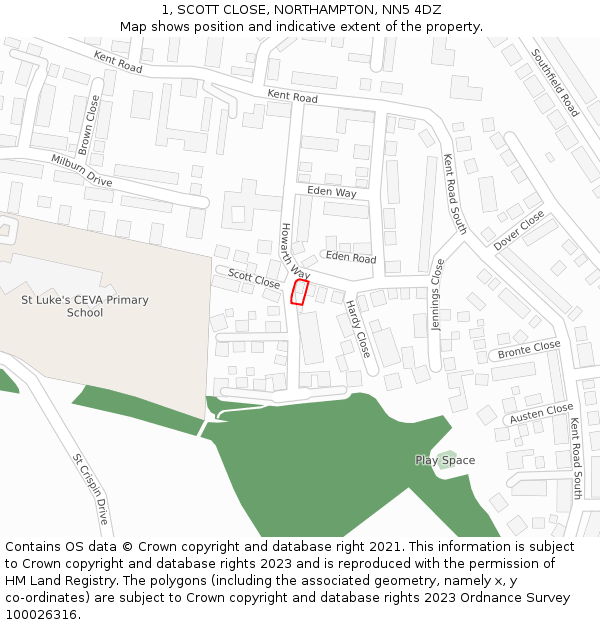 1, SCOTT CLOSE, NORTHAMPTON, NN5 4DZ: Location map and indicative extent of plot