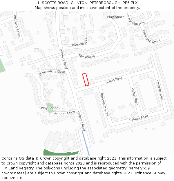 1, SCOTTS ROAD, GLINTON, PETERBOROUGH, PE6 7LX: Location map and indicative extent of plot