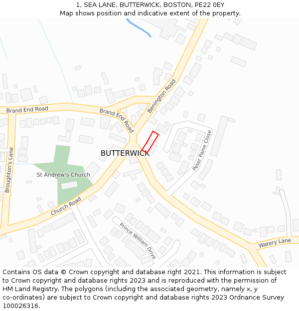 1, SEA LANE, BUTTERWICK, BOSTON, PE22 0EY: Location map and indicative extent of plot