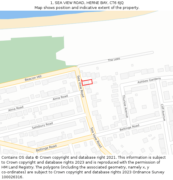 1, SEA VIEW ROAD, HERNE BAY, CT6 6JQ: Location map and indicative extent of plot