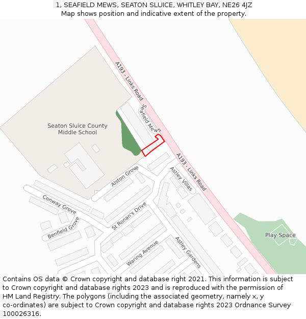 1, SEAFIELD MEWS, SEATON SLUICE, WHITLEY BAY, NE26 4JZ: Location map and indicative extent of plot
