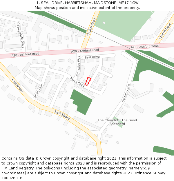 1, SEAL DRIVE, HARRIETSHAM, MAIDSTONE, ME17 1GW: Location map and indicative extent of plot