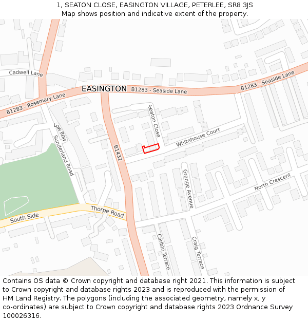 1, SEATON CLOSE, EASINGTON VILLAGE, PETERLEE, SR8 3JS: Location map and indicative extent of plot