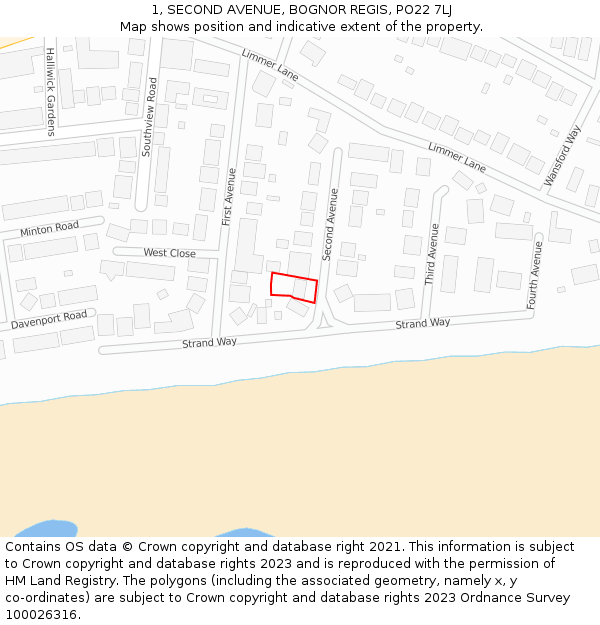 1, SECOND AVENUE, BOGNOR REGIS, PO22 7LJ: Location map and indicative extent of plot