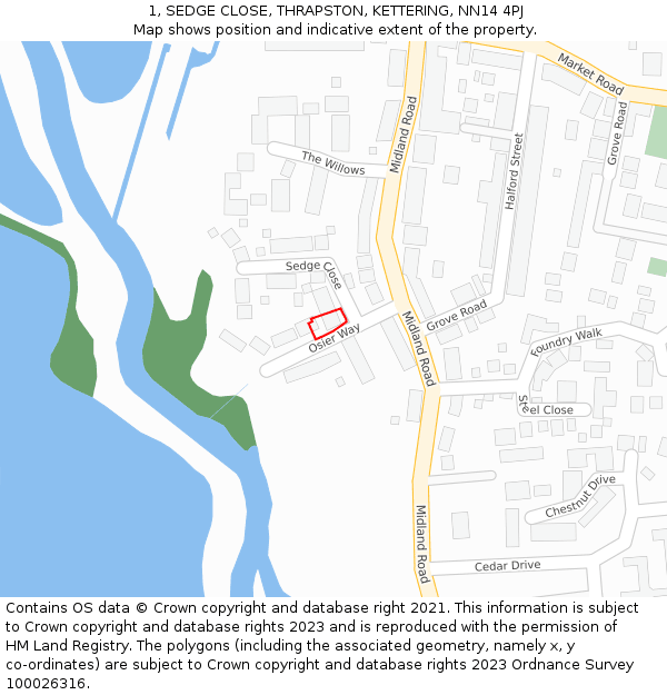 1, SEDGE CLOSE, THRAPSTON, KETTERING, NN14 4PJ: Location map and indicative extent of plot
