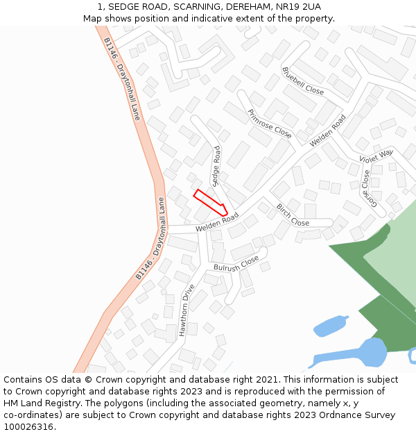 1, SEDGE ROAD, SCARNING, DEREHAM, NR19 2UA: Location map and indicative extent of plot