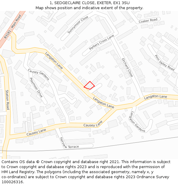 1, SEDGECLAIRE CLOSE, EXETER, EX1 3SU: Location map and indicative extent of plot