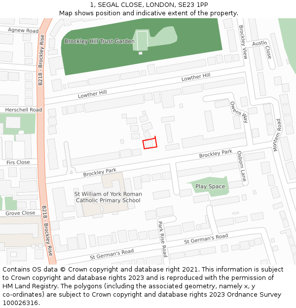 1, SEGAL CLOSE, LONDON, SE23 1PP: Location map and indicative extent of plot