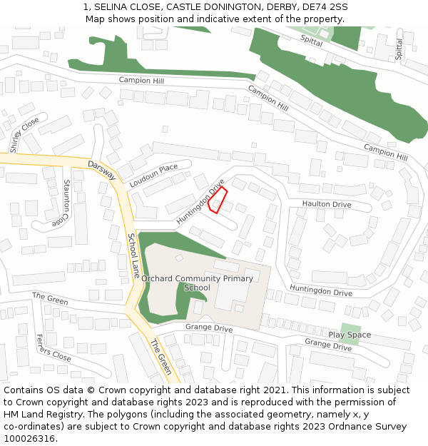 1, SELINA CLOSE, CASTLE DONINGTON, DERBY, DE74 2SS: Location map and indicative extent of plot