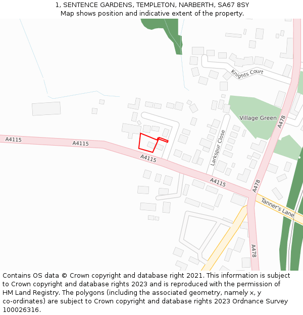 1, SENTENCE GARDENS, TEMPLETON, NARBERTH, SA67 8SY: Location map and indicative extent of plot