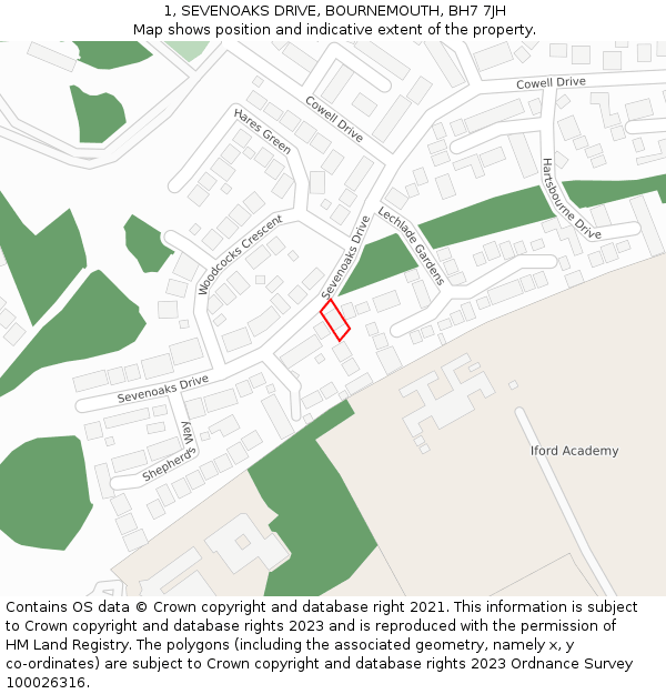 1, SEVENOAKS DRIVE, BOURNEMOUTH, BH7 7JH: Location map and indicative extent of plot