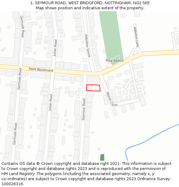 1, SEYMOUR ROAD, WEST BRIDGFORD, NOTTINGHAM, NG2 5EE: Location map and indicative extent of plot