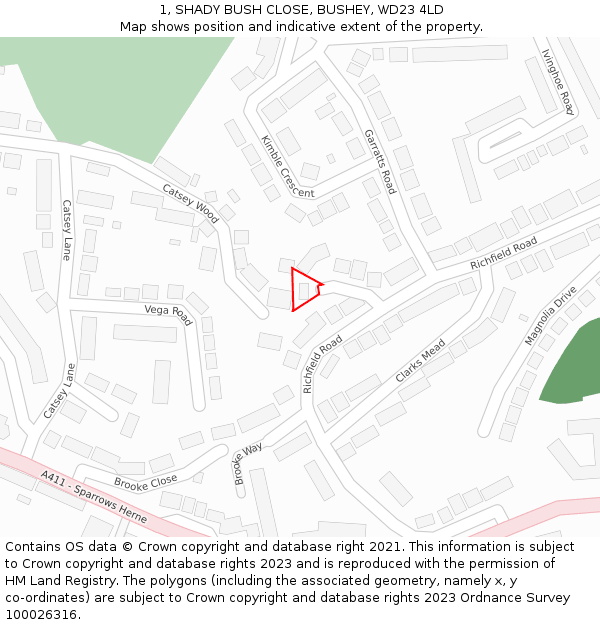 1, SHADY BUSH CLOSE, BUSHEY, WD23 4LD: Location map and indicative extent of plot