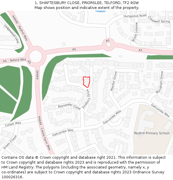 1, SHAFTESBURY CLOSE, PRIORSLEE, TELFORD, TF2 9GW: Location map and indicative extent of plot