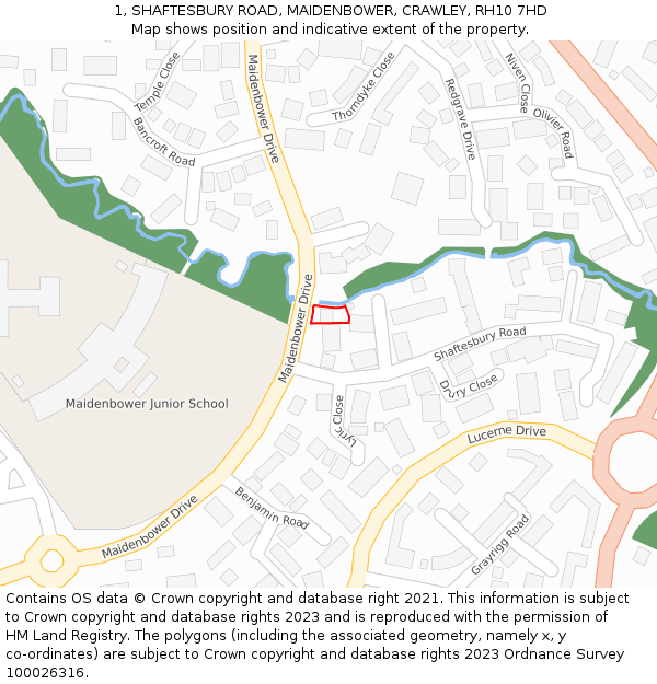 1, SHAFTESBURY ROAD, MAIDENBOWER, CRAWLEY, RH10 7HD: Location map and indicative extent of plot