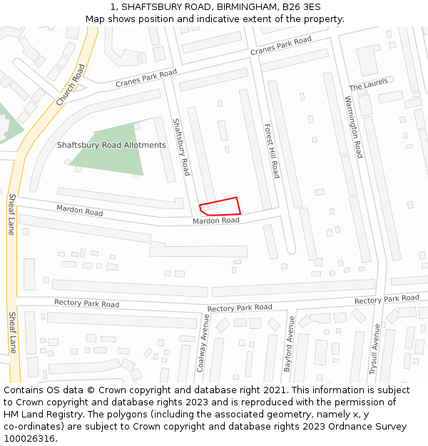 1, SHAFTSBURY ROAD, BIRMINGHAM, B26 3ES: Location map and indicative extent of plot