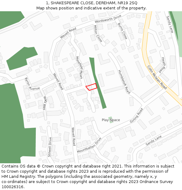 1, SHAKESPEARE CLOSE, DEREHAM, NR19 2SQ: Location map and indicative extent of plot