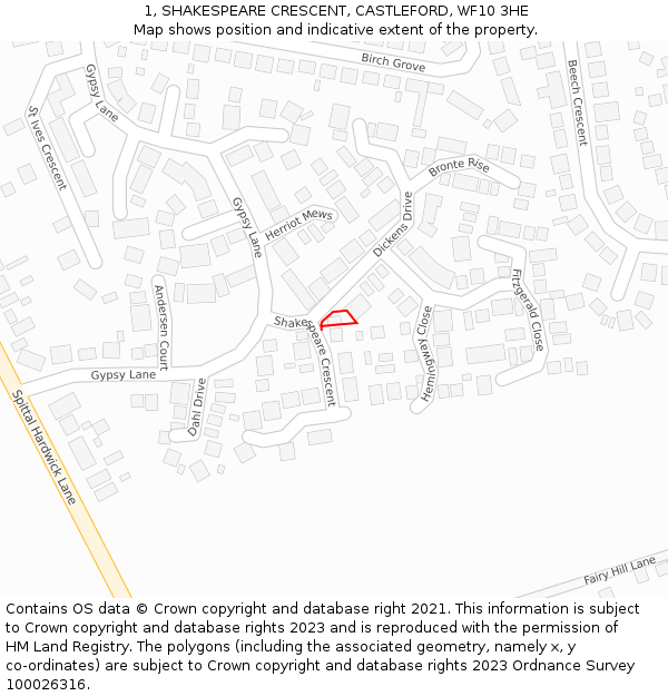 1, SHAKESPEARE CRESCENT, CASTLEFORD, WF10 3HE: Location map and indicative extent of plot