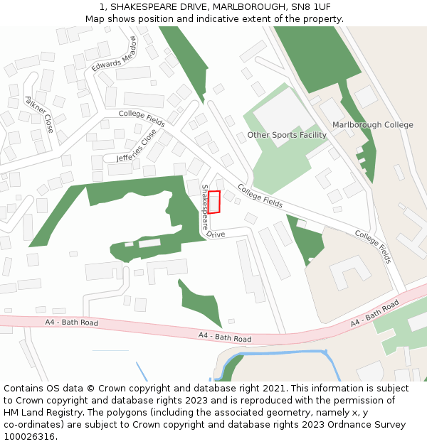 1, SHAKESPEARE DRIVE, MARLBOROUGH, SN8 1UF: Location map and indicative extent of plot