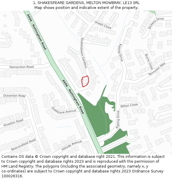 1, SHAKESPEARE GARDENS, MELTON MOWBRAY, LE13 0RL: Location map and indicative extent of plot